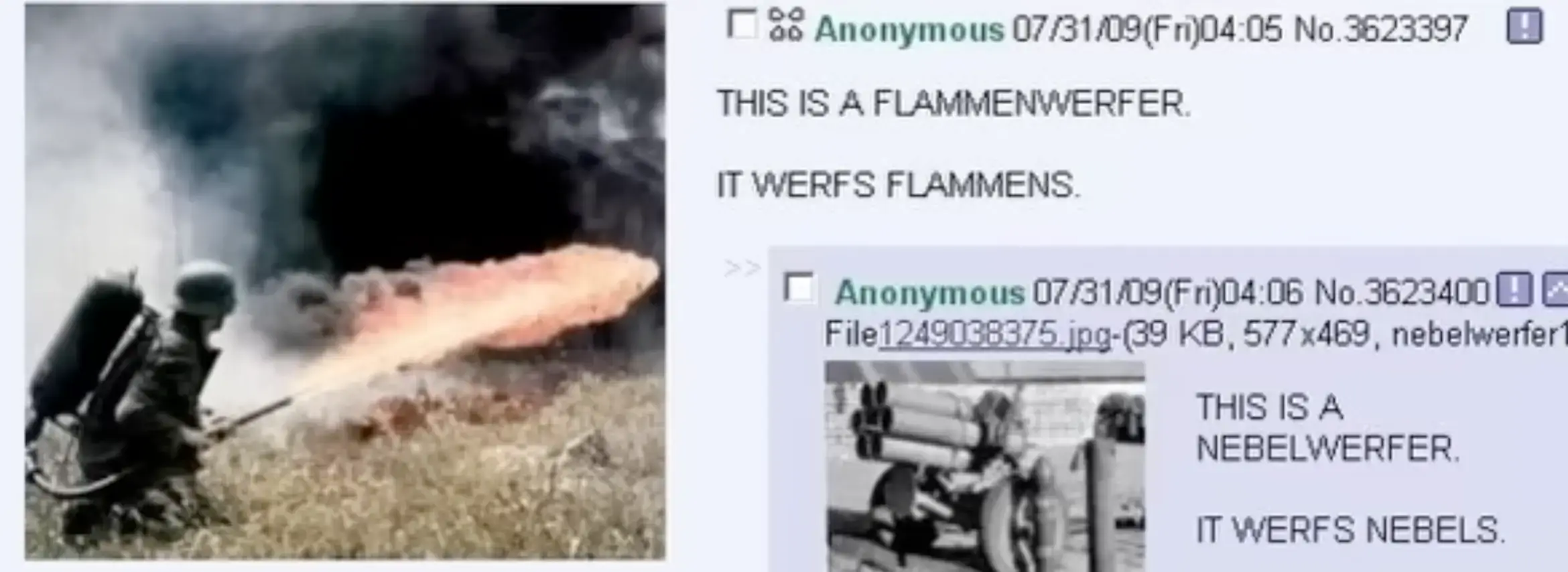 ZIS IS A FLAMMENWERFER, IT WERFS FLAMMEN transcribed text